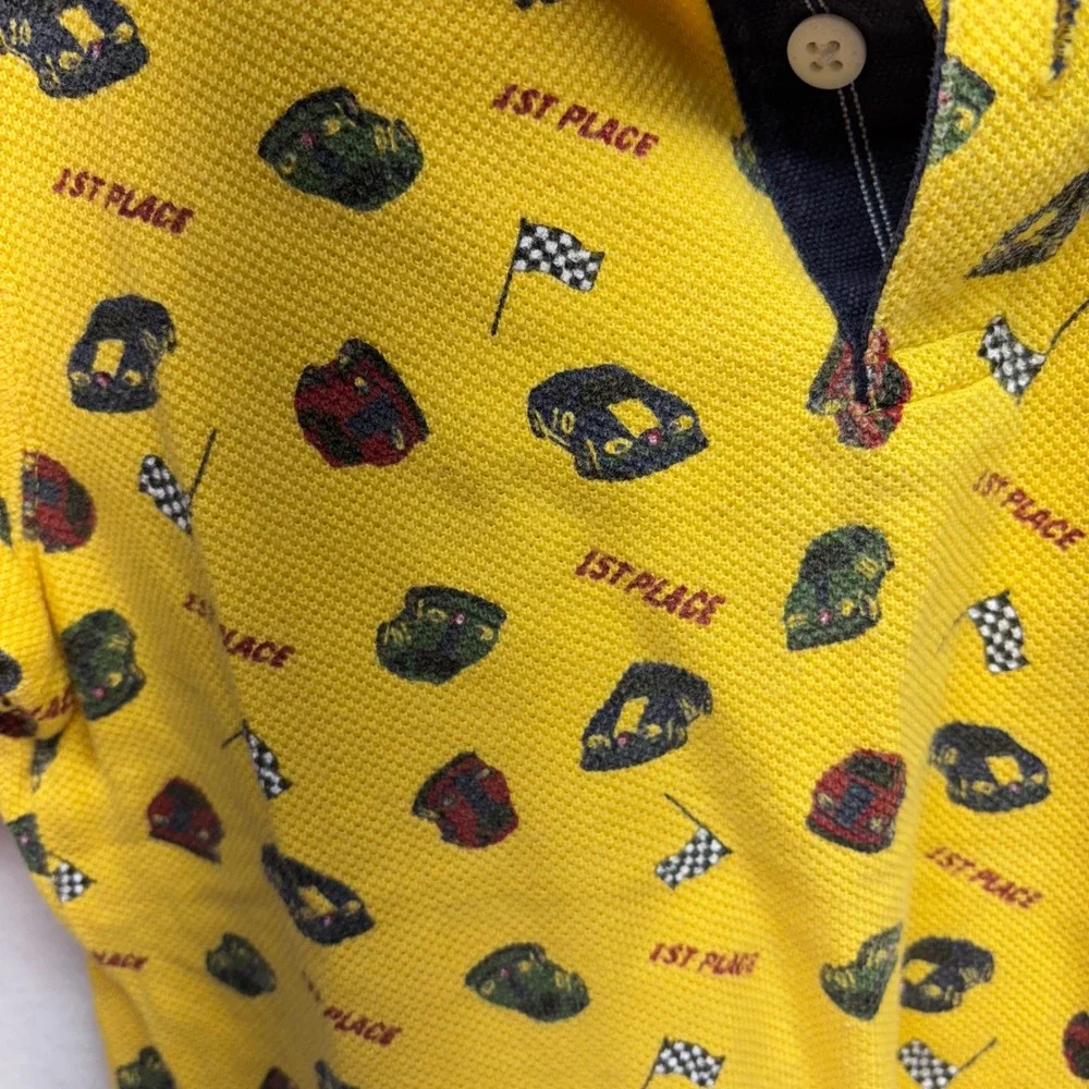 Vintage Kids Gymboree Large Yellow Racing Cars Flags Polo Shirt Cotton‎ 5 Yrs